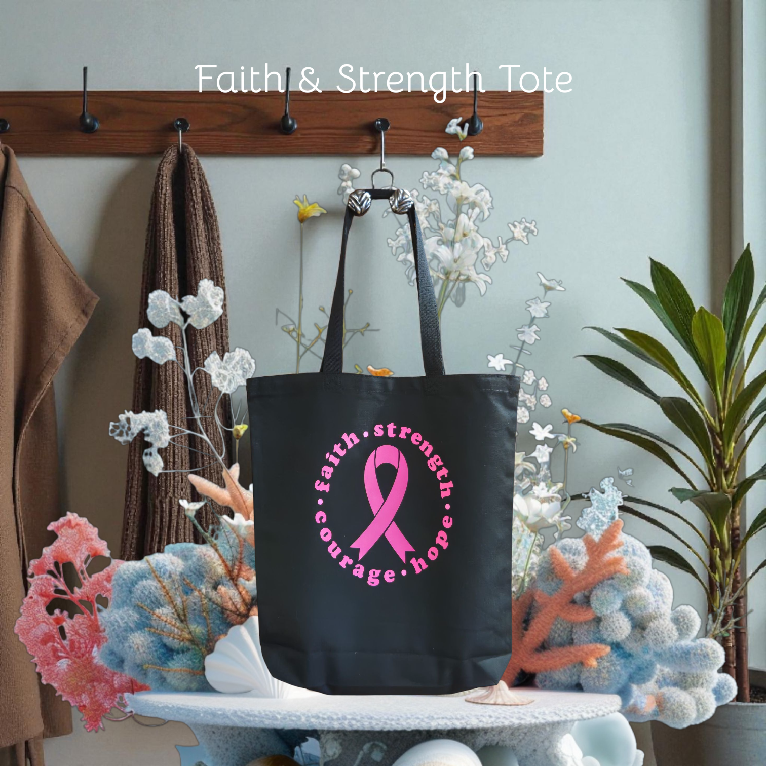 Black tote bag with pink ribbon and text on a decorative stand with flowers and plants.